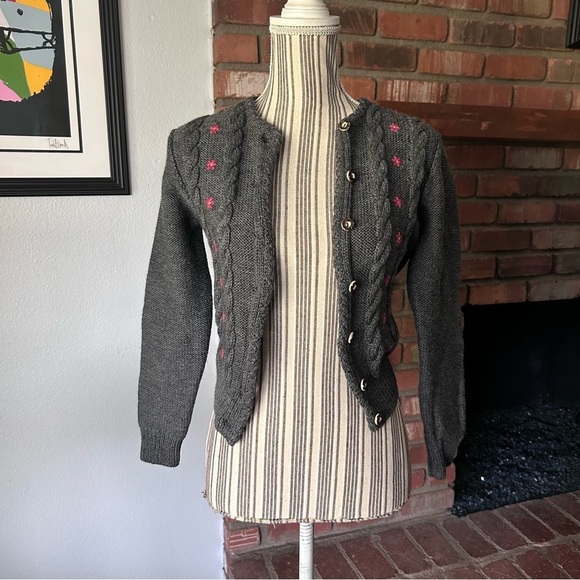 VTG Lanamoden Salzburg Floral Embroidered Wool Cardigan in Gray Sz XS - Picture 6 of 10